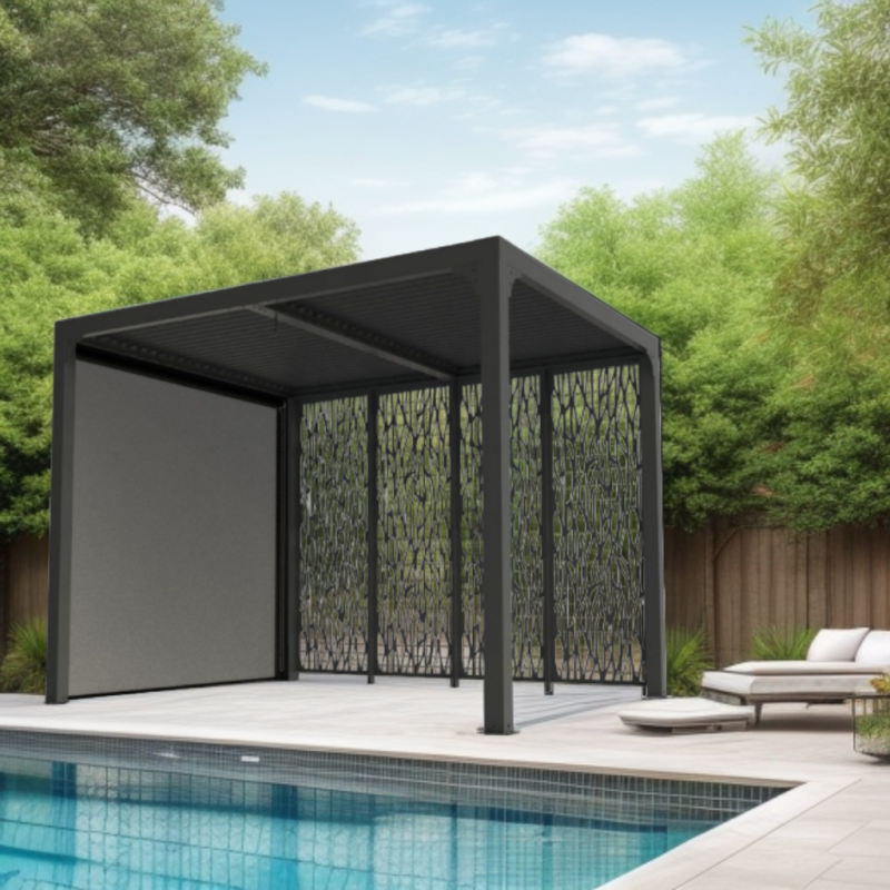Pergola bioclimatica in alluminio antracite 240x300 cm - Lamelle orientabili 90° - Con 4 pannelli moucharabieh e tenda PVC - PER24R30MBI Foresta