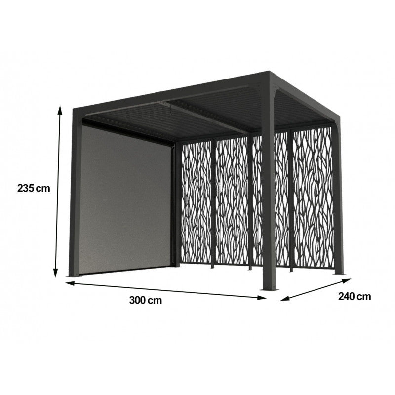 Pergola bioclimatica in alluminio antracite 240x300 cm - Lamelle orientabili 90° - Con 4 pannelli moucharabieh e tenda PVC - PER24R30MBI Foresta