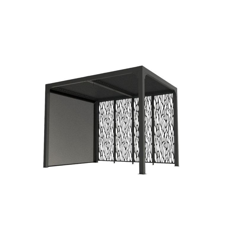 Pergola bioclimatica in alluminio antracite 240x300 cm - Lamelle orientabili 90° - Con 4 pannelli moucharabieh e tenda PVC - PER24R30MBI Foresta