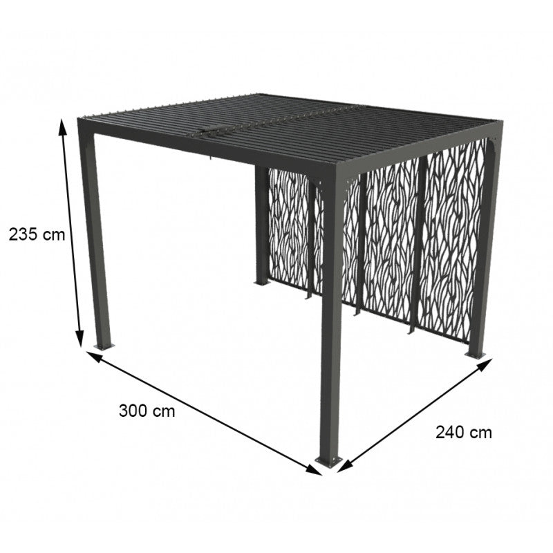 Pergola bioclimatica in alluminio antracite 240x300 cm - Lamelle orientabili 90° - Con 4 pannelli privacy - PER2430MBI Foresta