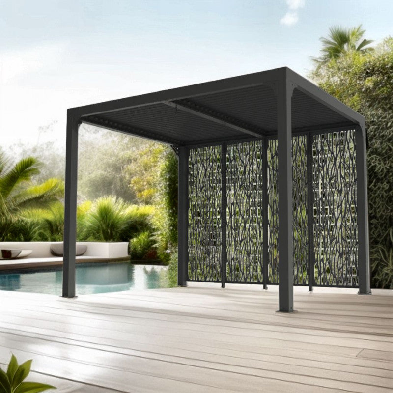 Pergola bioclimatica in alluminio antracite 240x300 cm - Lamelle orientabili 90° - Con 4 pannelli privacy - PER2430MBI Foresta