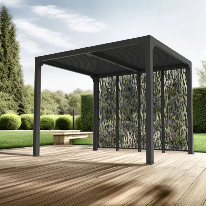 Pergola bioclimatica in alluminio antracite 240x300 cm - Lamelle orientabili 90° - Con 4 pannelli privacy - PER2430MBI Foresta