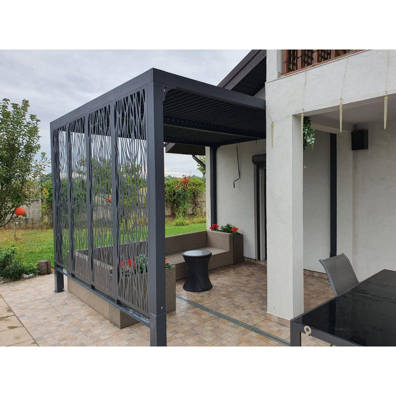 Pergola bioclimatica in alluminio antracite 240x300 cm - Lamelle orientabili 90° - Con 4 pannelli privacy - PER2430MBI Foresta