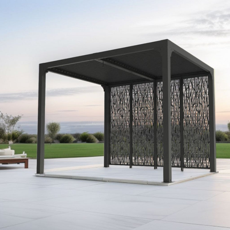 Pergola bioclimatica in alluminio antracite 240x300 cm - Lamelle orientabili 90° - Con 4 pannelli privacy - PER2430MBI Foresta