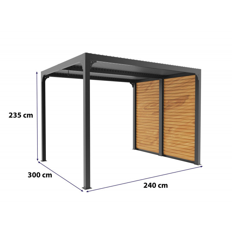 Pergola bioclimatica in alluminio antracite 240x300 cm - Lamelle orientabili 90° - Con frangisole effetto legno - PER2430VBBI Foresta