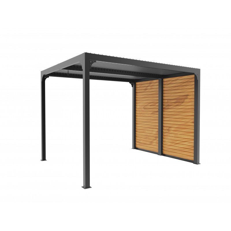 Pergola bioclimatica in alluminio antracite 240x300 cm - Lamelle orientabili 90° - Con frangisole effetto legno - PER2430VBBI Foresta