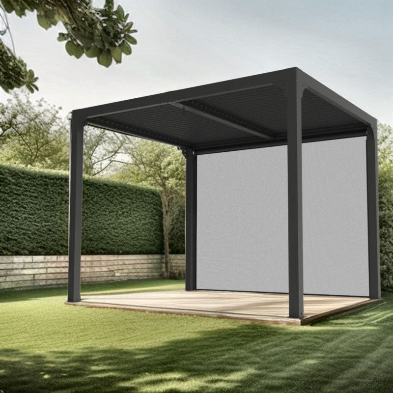 Pergola bioclimatica in alluminio antracite 240x300 cm - Lamelle orientabili 90° - Con telo laterale PVC - PER2430RBI Foresta