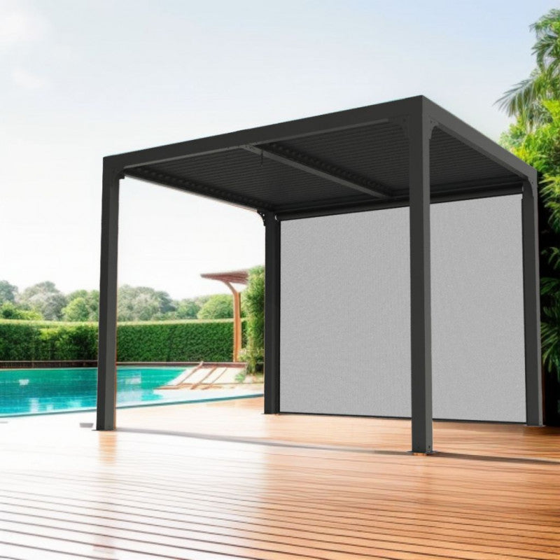 Pergola bioclimatica in alluminio antracite 240x300 cm - Lamelle orientabili 90° - Con telo laterale PVC - PER2430RBI Foresta