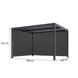 Pergola bioclimatica in alluminio antracite 360x300 cm - Lamelle orientabili 90° - Con 2 tende PVC 3 m e 3,60 m - 10,80 m² - PER36R30RBI Foresta