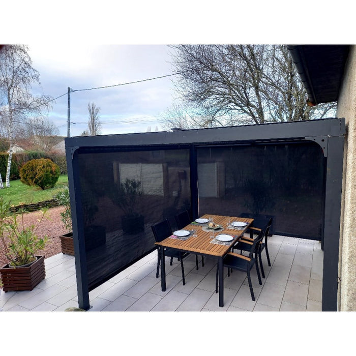 Pergola bioclimatica in alluminio antracite 360x300 cm - Lamelle orientabili 90° - Con 2 tende PVC 3 m e 3,60 m - 10,80 m² - PER36R30RBI Foresta