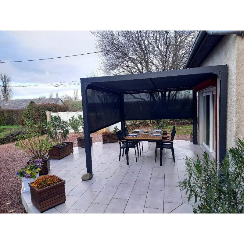 Pergola bioclimatica in alluminio antracite 360x300 cm - Lamelle orientabili 90° - Con 2 tende PVC 3 m e 3,60 m - 10,80 m² - PER36R30RBI Foresta