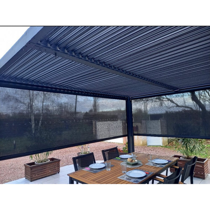 Pergola bioclimatica in alluminio antracite 360x300 cm - Lamelle orientabili 90° - Con 2 tende PVC 3 m e 3,60 m - 10,80 m² - PER36R30RBI Foresta