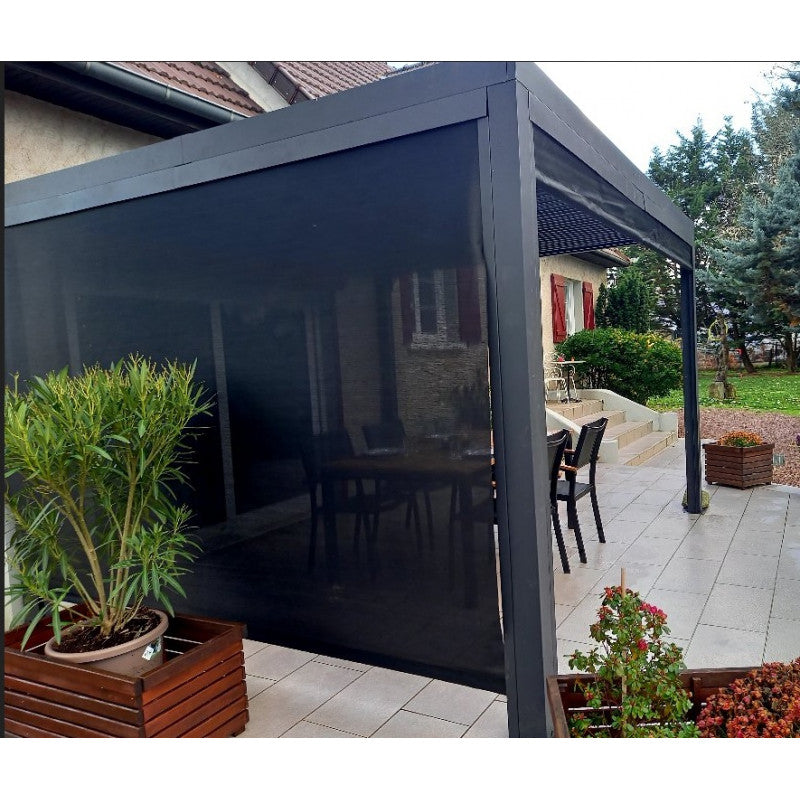 Pergola bioclimatica in alluminio antracite 360x300 cm - Lamelle orientabili 90° - Con 2 tende PVC 3 m e 3,60 m - 10,80 m² - PER36R30RBI Foresta