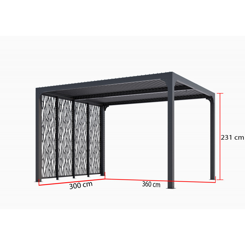 Pergola bioclimatica in alluminio antracite 360x300 cm - Lamelle orientabili 90° - Con 4 pannelli moucharabieh - 10,80 m² - PER3630MBI Foresta