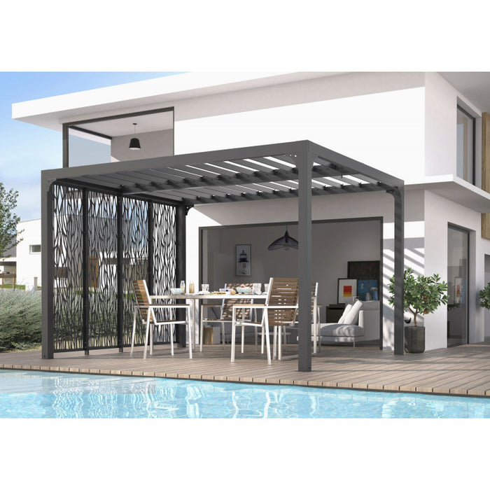 Pergola bioclimatica in alluminio antracite 360x300 cm - Lamelle orientabili 90° - Con 4 pannelli moucharabieh - 10,80 m² - PER3630MBI Foresta
