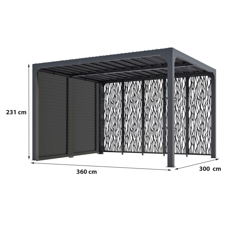 Pergola bioclimatica in alluminio antracite 360x300 cm - Lamelle orientabili 90° - Con 5 moucharabieh 3,60 m e frangisole 3 m - 10,80 m² - PER36M30VBI Foresta