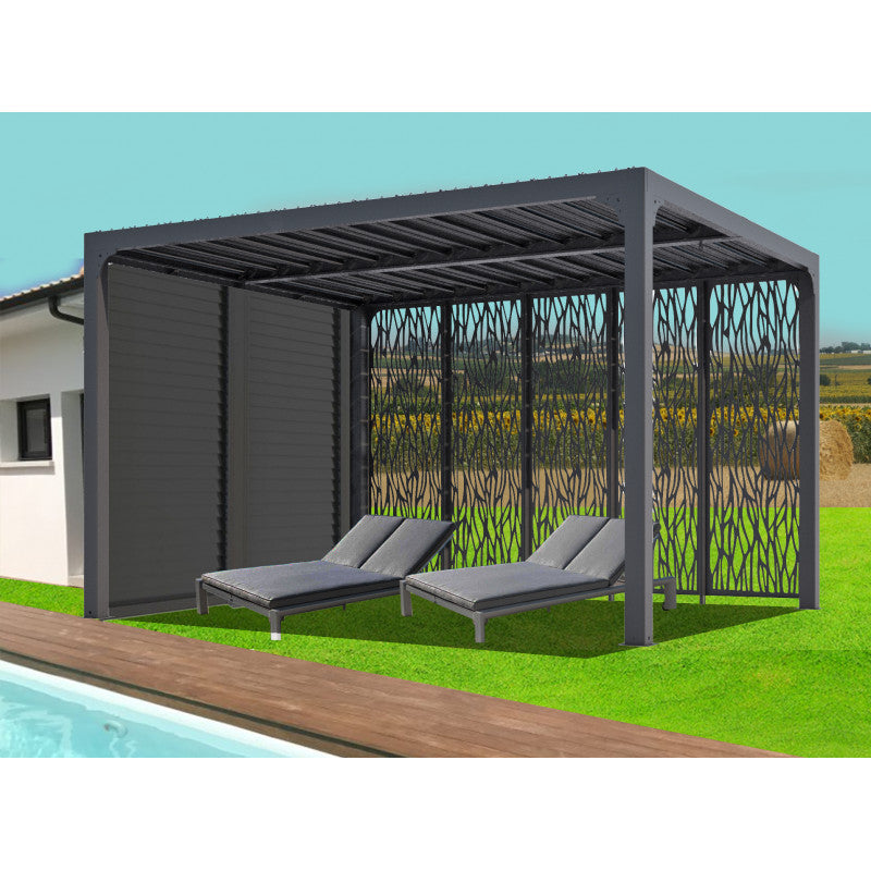 Pergola bioclimatica in alluminio antracite 360x300 cm - Lamelle orientabili 90° - Con 5 moucharabieh 3,60 m e frangisole 3 m - 10,80 m² - PER36M30VBI Foresta