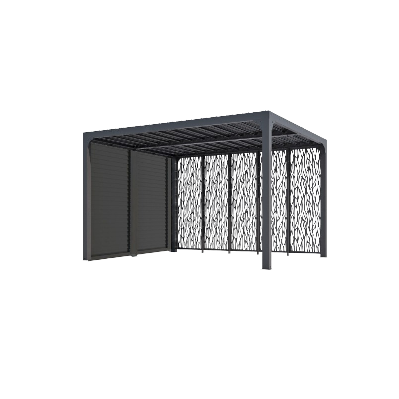 Pergola bioclimatica in alluminio antracite 360x300 cm - Lamelle orientabili 90° - Con 5 moucharabieh 3,60 m e frangisole 3 m - 10,80 m² - PER36M30VBI Foresta