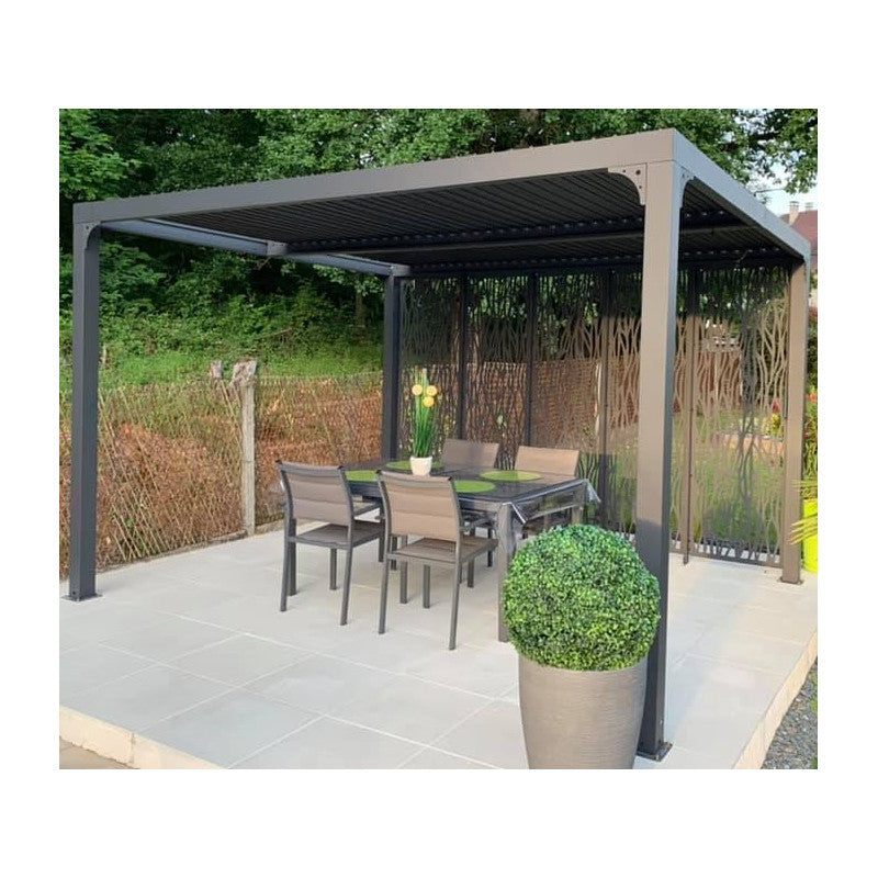 Pergola bioclimatica in alluminio antracite 360x300 cm - Lamelle orientabili 90° - Con 5 pannelli moucharabieh - 10,80 m² - PER36M30BI Foresta