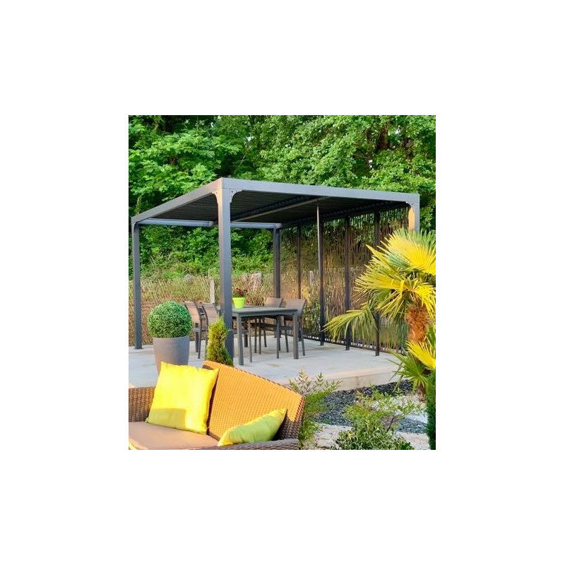 Pergola bioclimatica in alluminio antracite 360x300 cm - Lamelle orientabili 90° - Con 5 pannelli moucharabieh - 10,80 m² - PER36M30BI Foresta