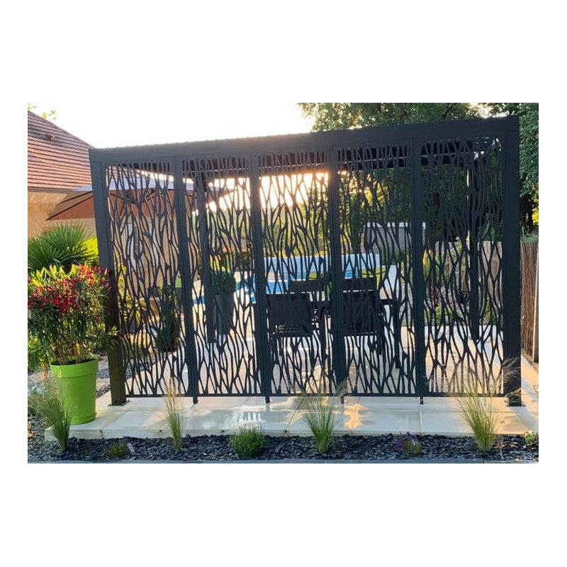 Pergola bioclimatica in alluminio antracite 360x300 cm - Lamelle orientabili 90° - Con 5 pannelli moucharabieh - 10,80 m² - PER36M30BI Foresta