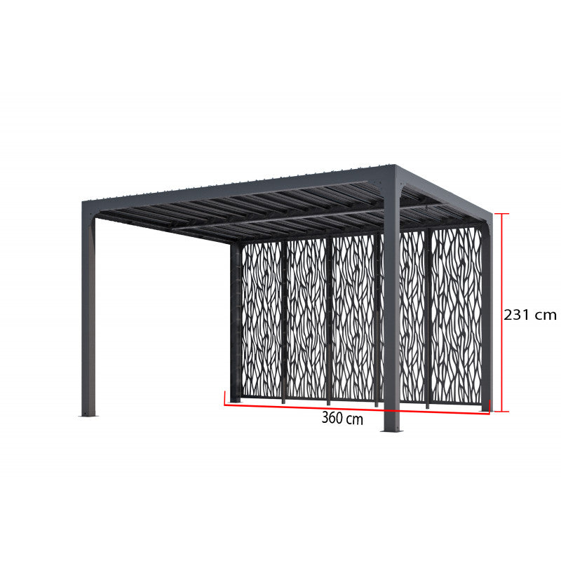 Pergola bioclimatica in alluminio antracite 360x300 cm - Lamelle orientabili 90° - Con 5 pannelli moucharabieh - 10,80 m² - PER36M30BI Foresta
