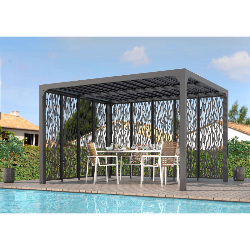Pergola bioclimatica in alluminio antracite 360x300 cm - Lamelle orientabili 90° - Con 9 pannelli moucharabieh - 10,80 m² - PER36M30MBI Foresta