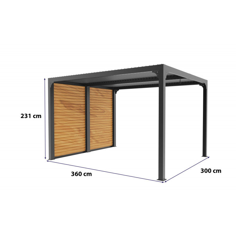Pergola bioclimatica in alluminio antracite 360x300 cm - Lamelle orientabili 90° - Con frangisole effetto legno - 10,80 m² - PER3630VBBI Foresta