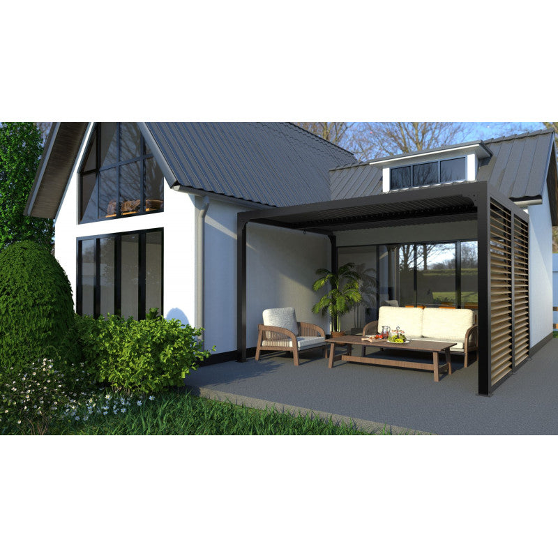 Pergola bioclimatica in alluminio antracite 360x300 cm - Lamelle orientabili 90° - Con frangisole effetto legno - 10,80 m² - PER3630VBBI Foresta