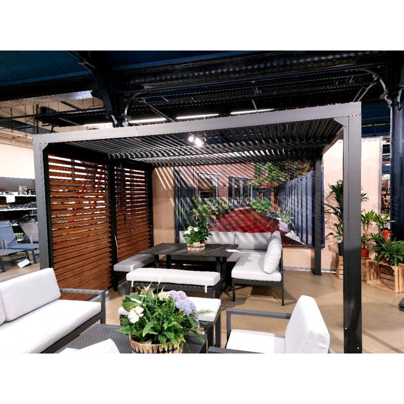 Pergola bioclimatica in alluminio antracite 360x300 cm - Lamelle orientabili 90° - Con frangisole effetto legno - 10,80 m² - PER3630VBBI Foresta