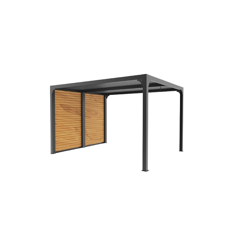 Pergola bioclimatica in alluminio antracite 360x300 cm - Lamelle orientabili 90° - Con frangisole effetto legno - 10,80 m² - PER3630VBBI Foresta