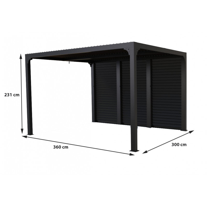 Pergola bioclimatica in alluminio antracite 360x300 cm - Lamelle orientabili 90° - Con frangisole simil legno 3 m - 10,80 m² - PER36V30BI Foresta