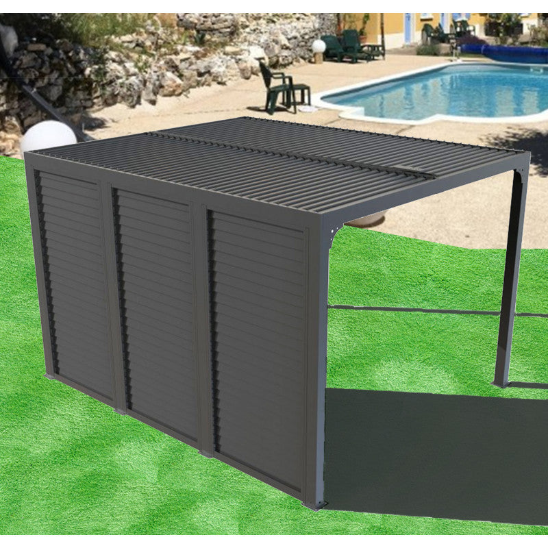 Pergola bioclimatica in alluminio antracite 360x300 cm - Lamelle orientabili 90° - Con frangisole simil legno 3 m - 10,80 m² - PER36V30BI Foresta