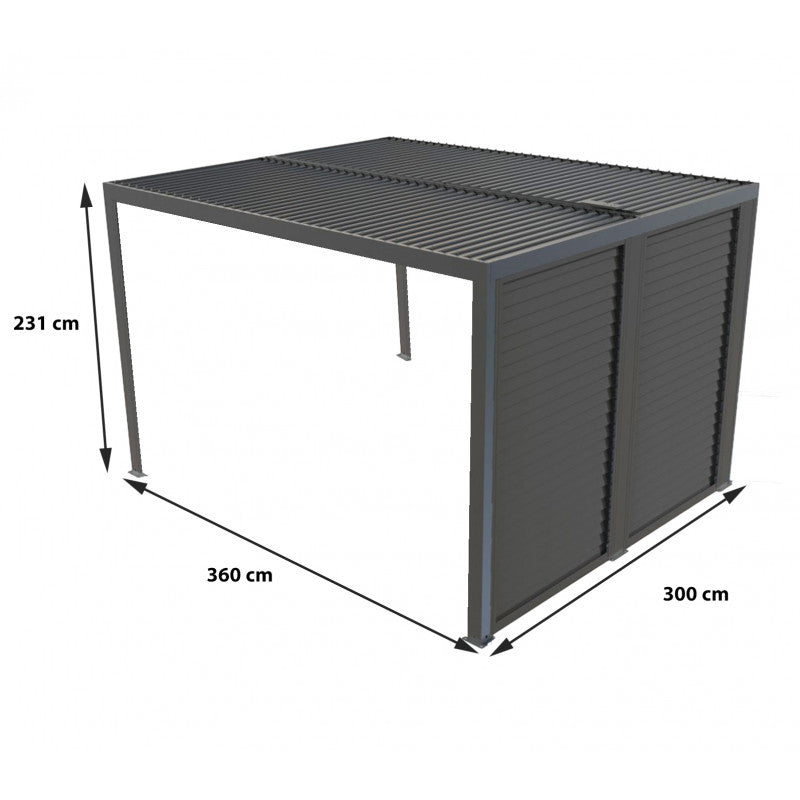 Pergola bioclimatica in alluminio antracite 360x300 cm - Lamelle orientabili 90° - Con pannelli laterali frangisole - 10,80 m² - PER3630VBI Foresta