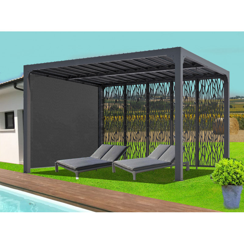 Pergola bioclimatica in alluminio antracite 360x300 cm - Lamelle orientabili 90° - Con pannelli moucharabieh 3,60 m e tenda 3 m - 10,80 m² - PER36M30RBI Foresta