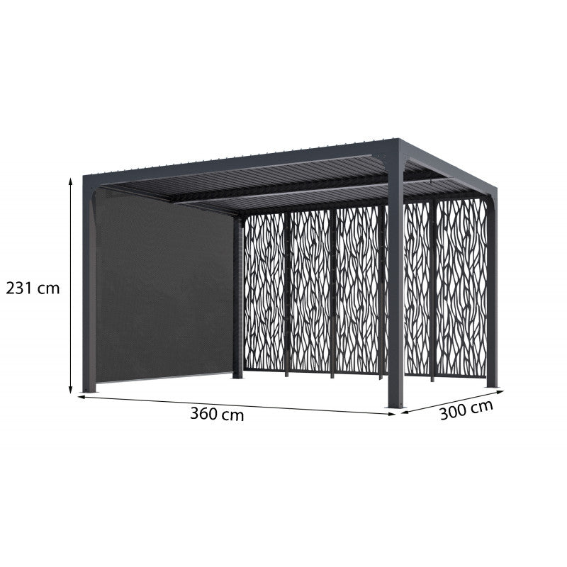 Pergola bioclimatica in alluminio antracite 360x300 cm - Lamelle orientabili 90° - Con pannelli moucharabieh 3,60 m e tenda 3 m - 10,80 m² - PER36M30RBI Foresta