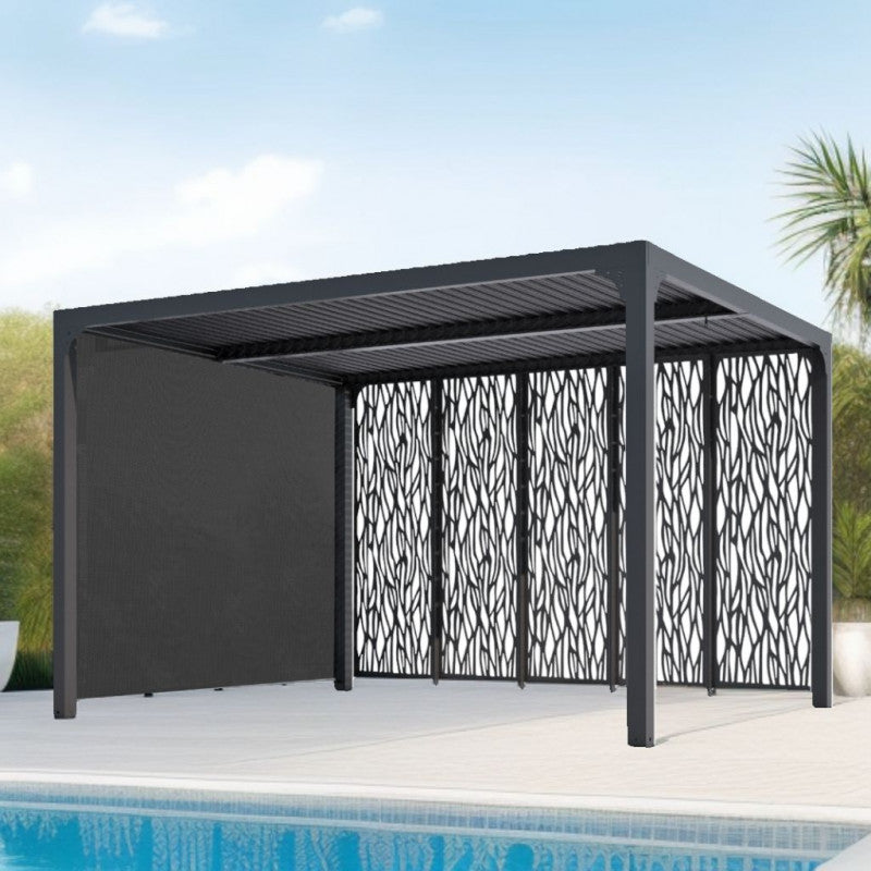 Pergola bioclimatica in alluminio antracite 360x300 cm - Lamelle orientabili 90° - Con pannelli moucharabieh 3,60 m e tenda 3 m - 10,80 m² - PER36M30RBI Foresta
