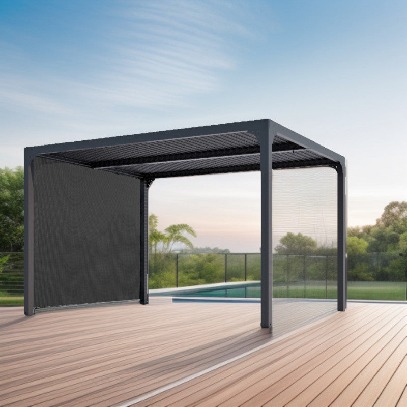 Pergola bioclimatica in alluminio antracite 360x300 cm - Lamelle orientabili 90° - Con tenda laterale PVC 3 m - 10,80 m² - PER3630RBI Foresta