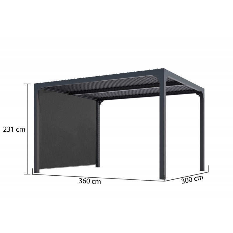 Pergola bioclimatica in alluminio antracite 360x300 cm - Lamelle orientabili 90° - Con tenda laterale PVC 3 m - 10,80 m² - PER3630RBI Foresta