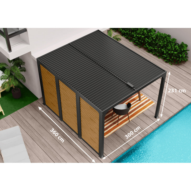 Pergola bioclimatica in alluminio antracite 360x300 cm - Lamelle orientabili 90° - Con ventelle effetto legno 3,60 m - 10,80 m² - PER36VB30BI Foresta