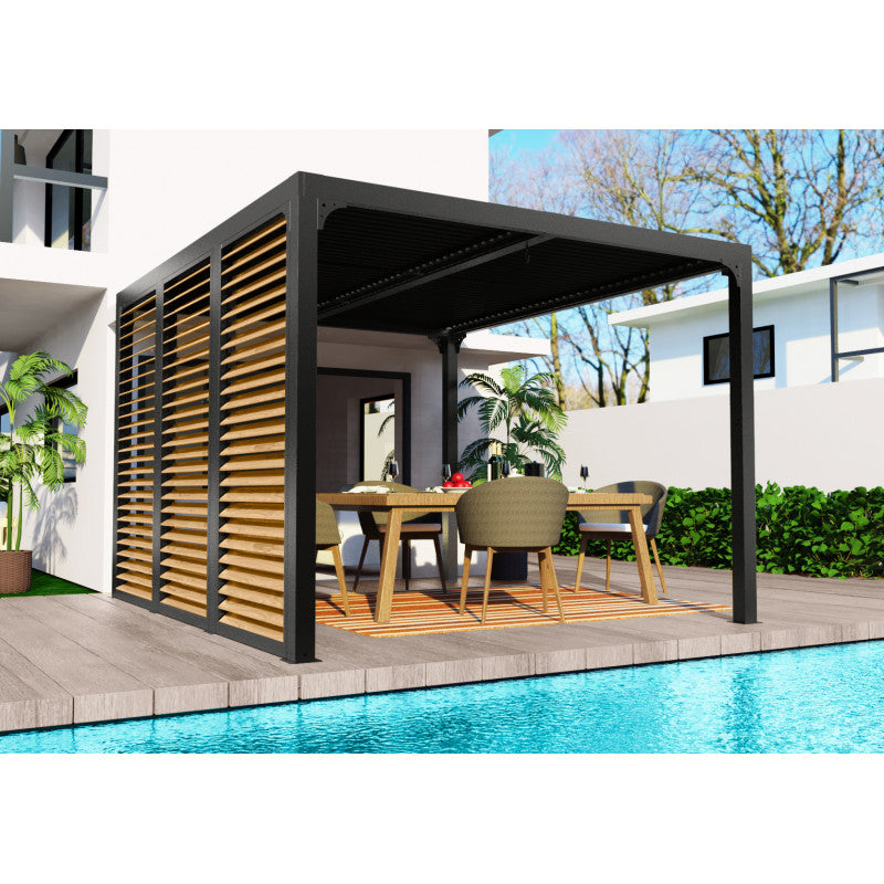 Pergola bioclimatica in alluminio antracite 360x300 cm - Lamelle orientabili 90° - Con ventelle effetto legno 3,60 m - 10,80 m² - PER36VB30BI Foresta