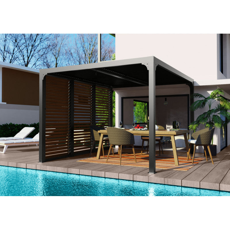 Pergola bioclimatica in alluminio antracite 360x300 cm - Lamelle orientabili 90° - Con ventelle effetto legno 3,60 m - 10,80 m² - PER36VB30BI Foresta