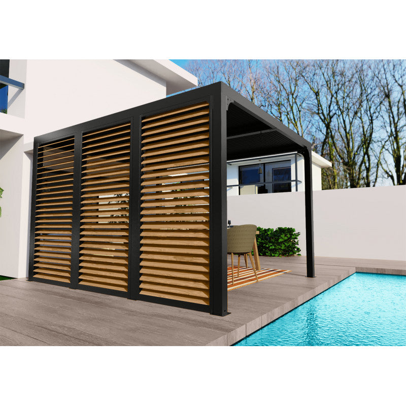 Pergola bioclimatica in alluminio antracite 360x300 cm - Lamelle orientabili 90° - Con ventelle effetto legno 3,60 m - 10,80 m² - PER36VB30BI Foresta