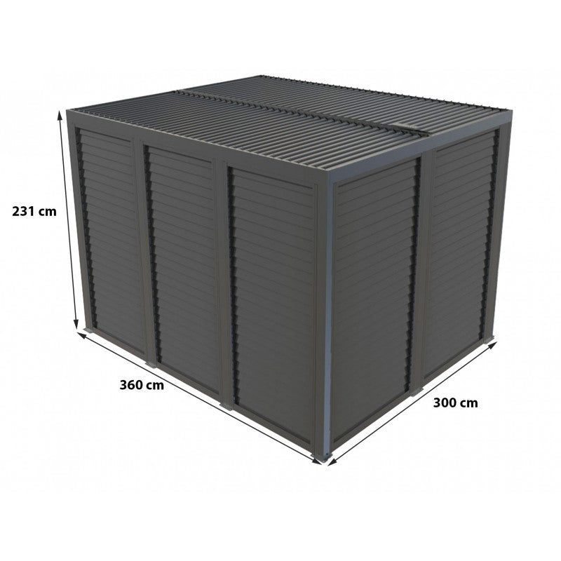 Pergola bioclimatica in alluminio antracite 360x300 cm - Lamelle orientabili 90° - Con ventelle mobili 3 m e 3,60 m - 10,80 m² - PER36V30VBI Foresta