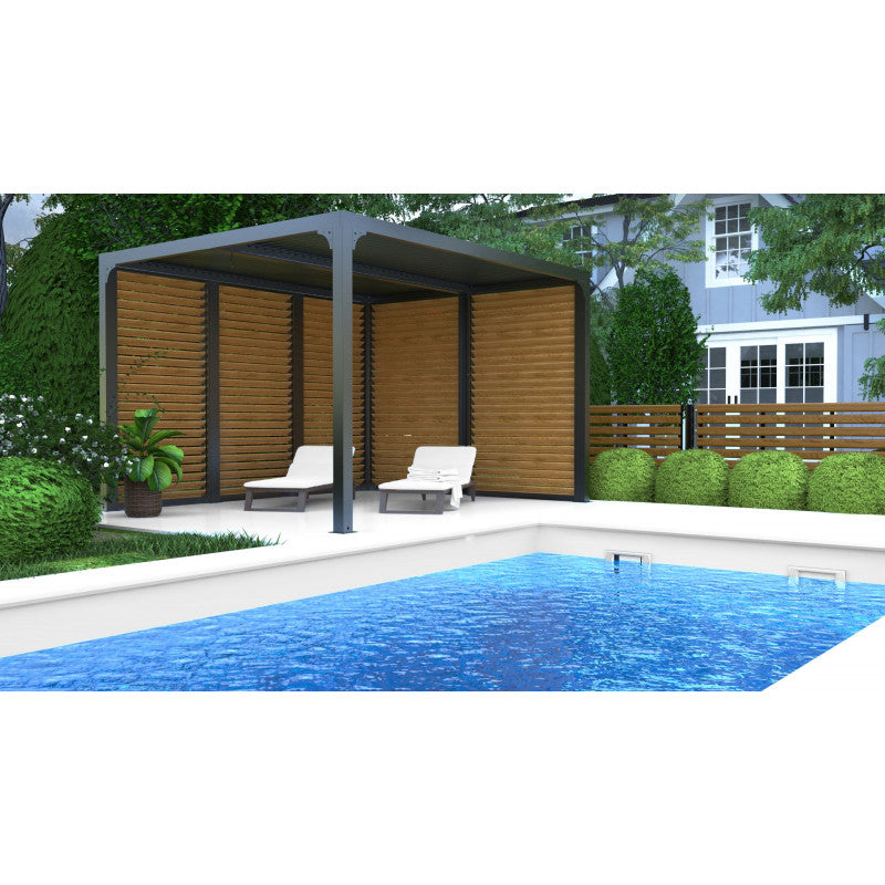Pergola bioclimatica in alluminio antracite 360x300 cm - Lamelle orientabili 90° - Ventelle effetto legno 3 m e 3,60 m - 10,80 m² - PER36VB30VBBI Foresta