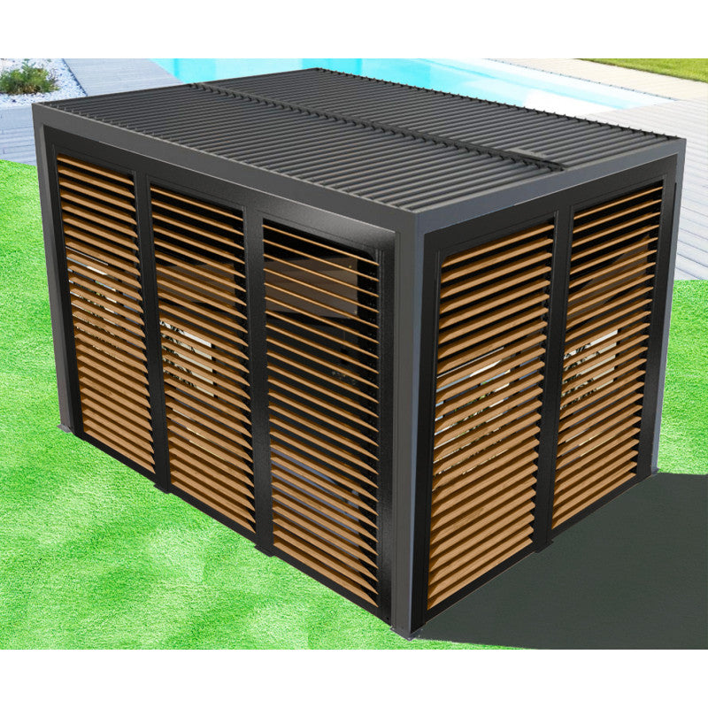 Pergola bioclimatica in alluminio antracite 360x300 cm - Lamelle orientabili 90° - Ventelle effetto legno 3 m e 3,60 m - 10,80 m² - PER36VB30VBBI Foresta