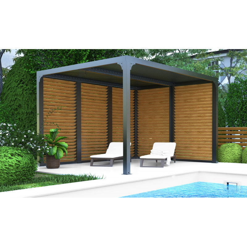 Pergola bioclimatica in alluminio antracite 360x300 cm - Lamelle orientabili 90° - Ventelle effetto legno 3 m e 3,60 m - 10,80 m² - PER36VB30VBBI Foresta