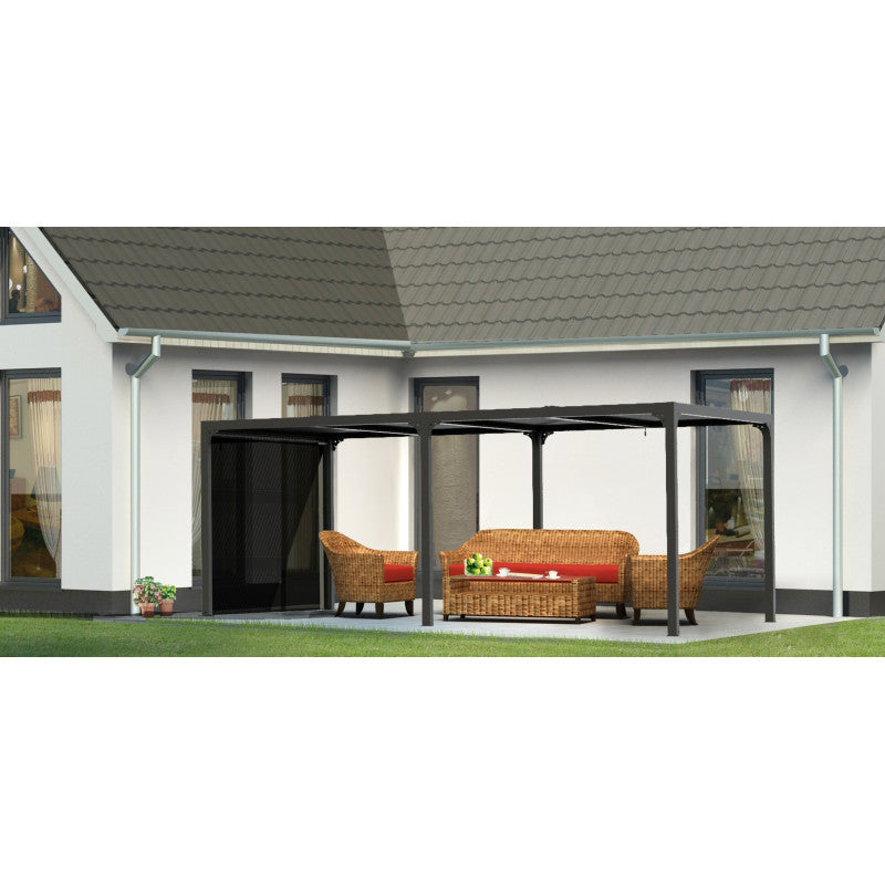 Pergola bioclimatica in alluminio antracite 360x598 cm - Lamelle orientabili 90° - Con 2 tende PVC 3,60 m - 21,52 m² - PER36R60BI Foresta
