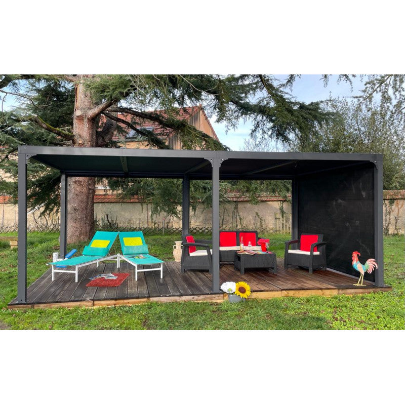 Pergola bioclimatica in alluminio antracite 360x598 cm - Lamelle orientabili 90° - Con 2 tende PVC 3,60 m - 21,52 m² - PER36R60BI Foresta