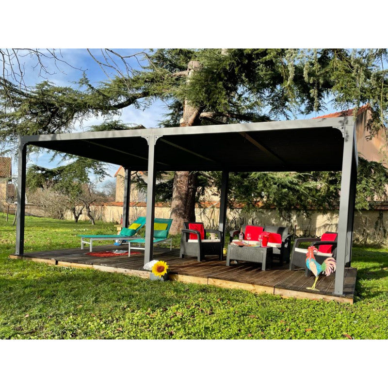 Pergola bioclimatica in alluminio antracite 360x598 cm - Lamelle orientabili 90° - Con 2 tende PVC 3,60 m - 21,52 m² - PER36R60BI Foresta